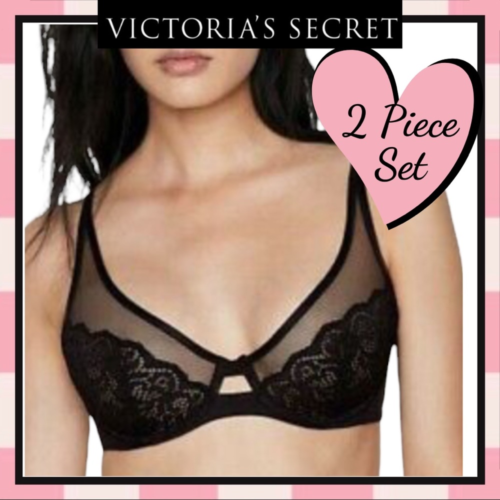 Victoria’s Secret 34D & Small Brazilian Lace Mesh Panty & Unlined Demi Bra Set